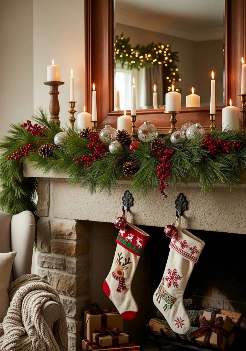 fireplace mantle with lush pine garland and red berry clusters 1