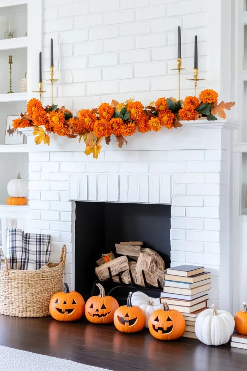 21 Elegant Indoor Halloween Decor Ideas for Modern Spaces 24 fireplace surrounded by orange florals and mini jack-o’-lanterns. 1