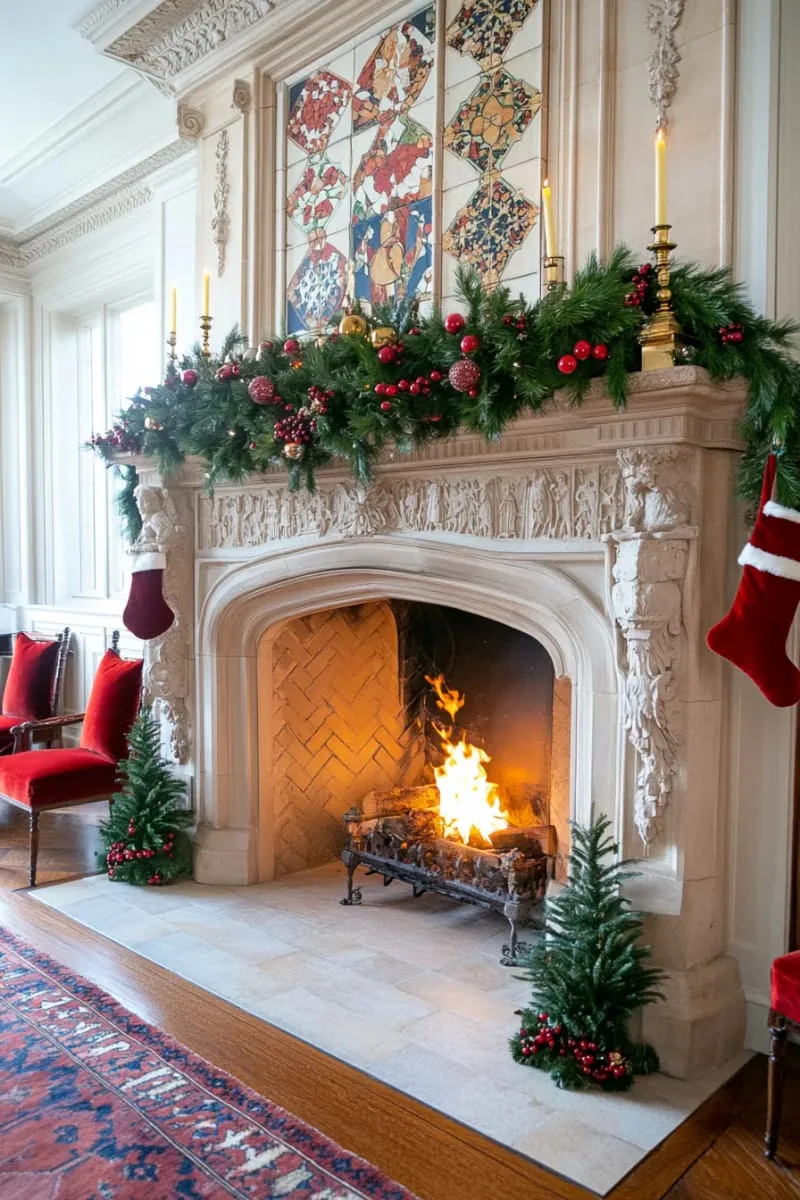 fireplace tiles adorned with seasonal greenery and berries 1