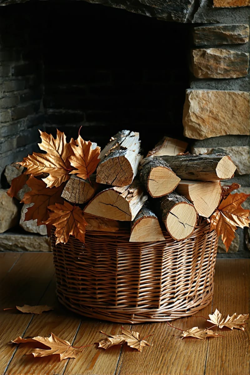 firewood basket accented with shimmery artificial leaves 1