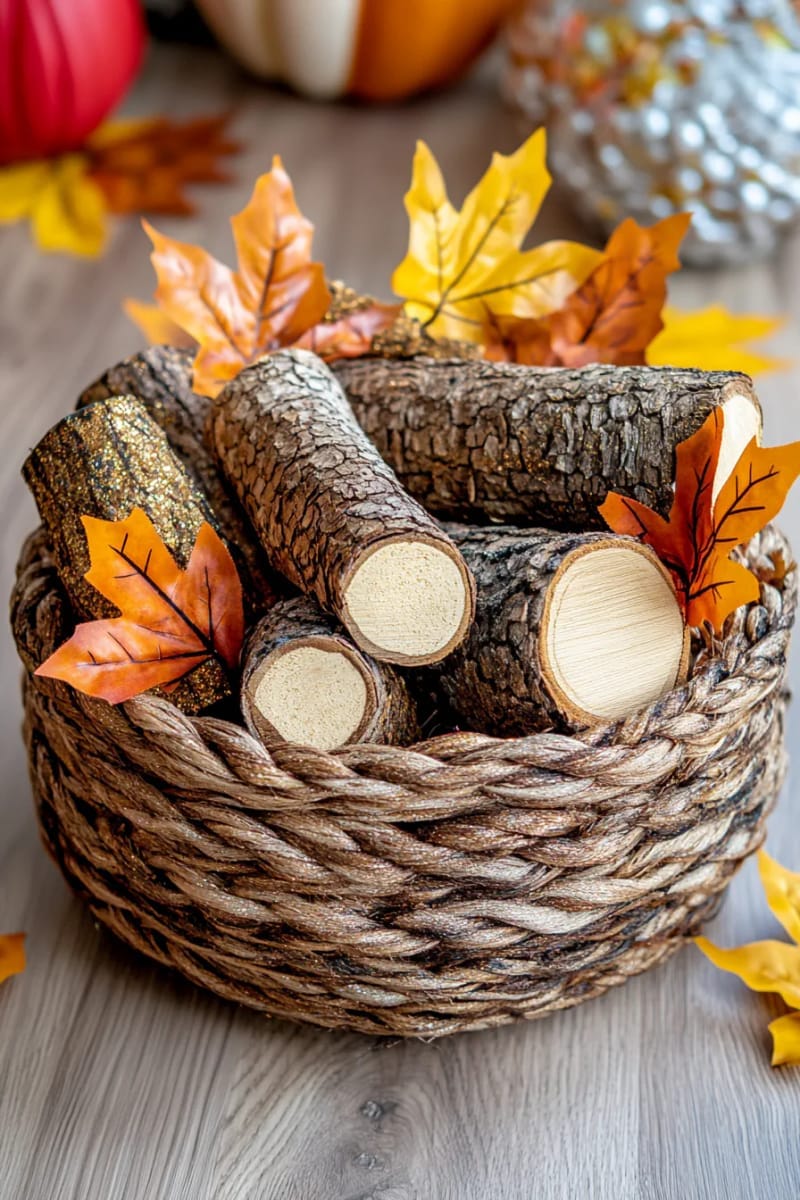 firewood basket accented with shimmery artificial leaves 1