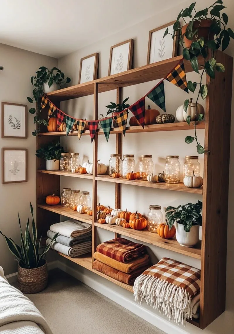 flannel fabric bunting strung across open shelving 1