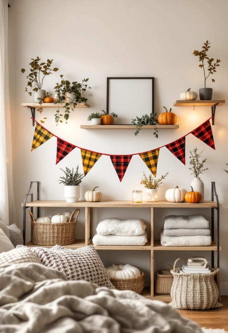 flannel fabric bunting strung across open shelving 1