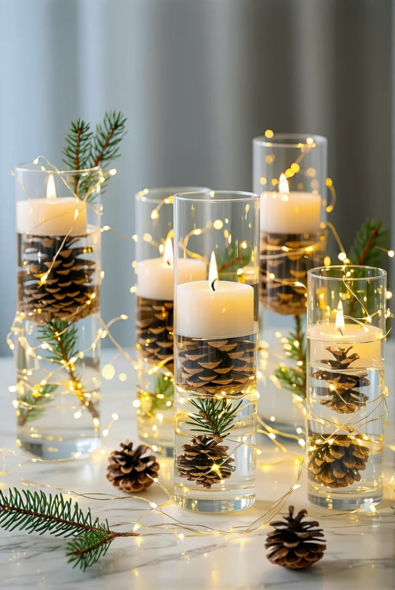 floating candles in clear vases with pinecones and twinkle lights 1