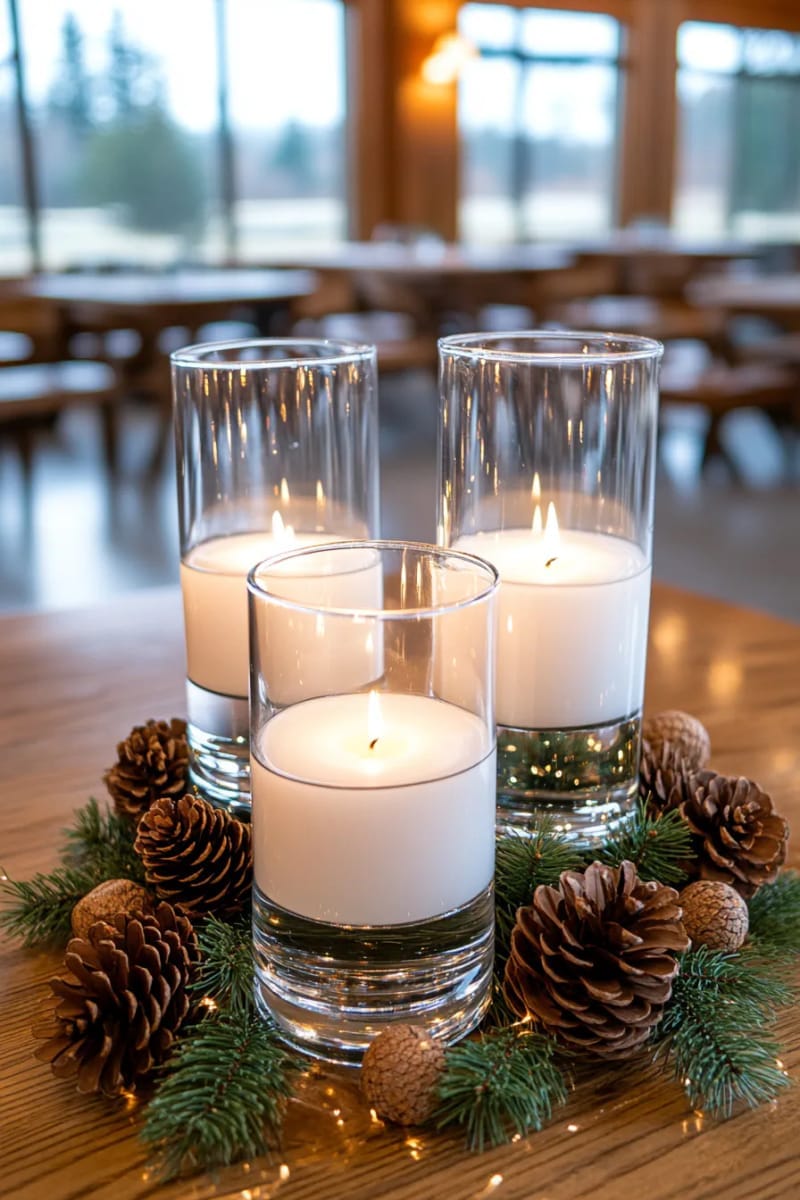 floating candles in clear vases with pinecones and twinkle lights 1