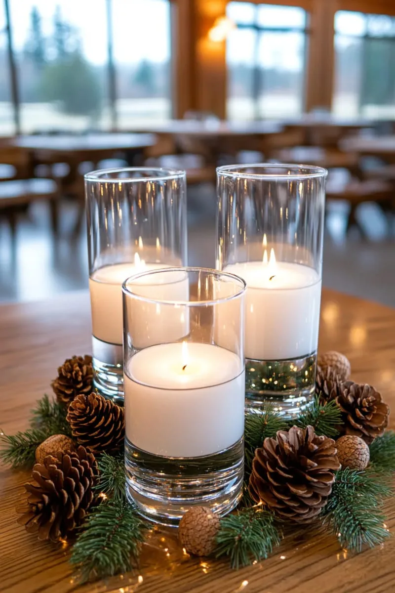 31 Trendy Christmas Decor Ideas for a Magical Home 30 floating candles in clear vases with pinecones and twinkle lights 1