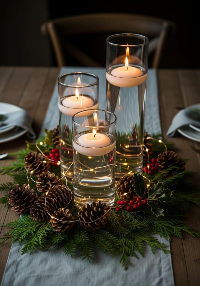 floating candles in clear vases with pinecones and twinkle lights 1