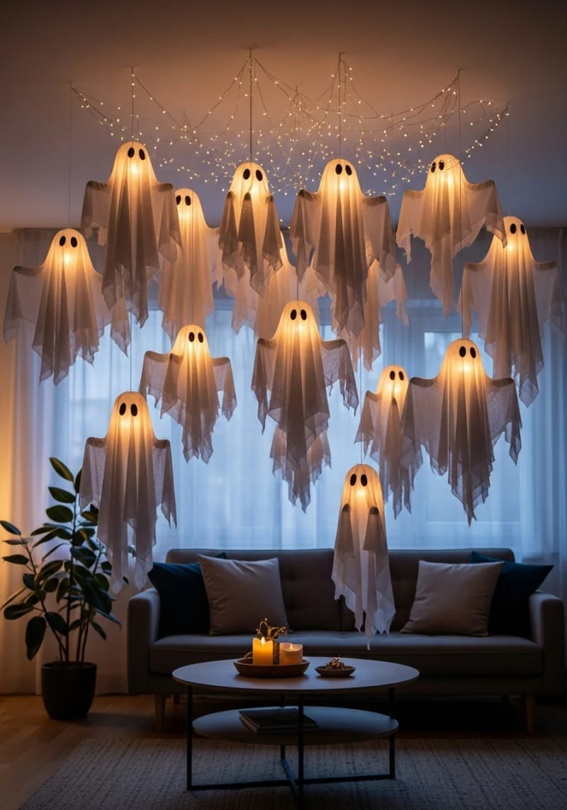 floating cheesecloth ghost lanterns glowing above the sofa with fairy lights 1