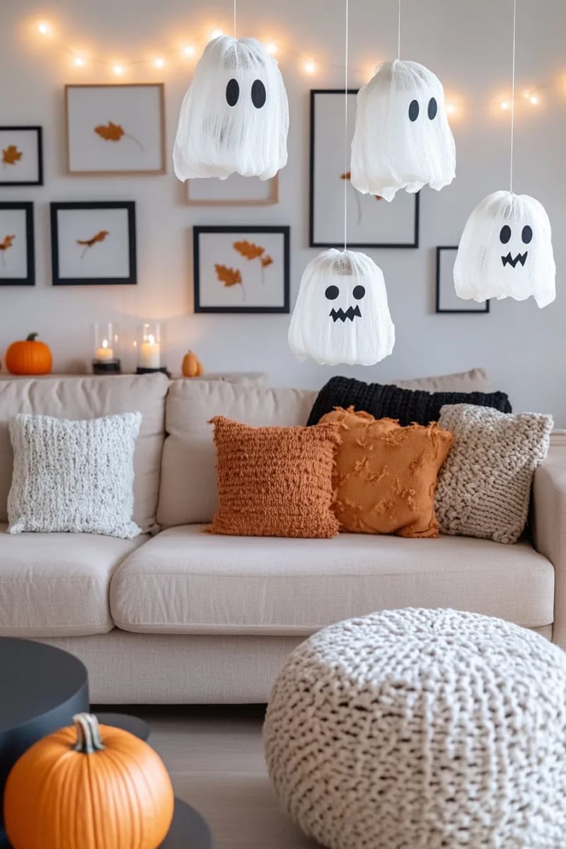 floating cheesecloth ghost lanterns glowing above the sofa with fairy lights 1