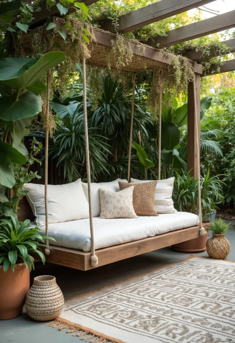 floating daybed swing surrounded by lush greenery 1