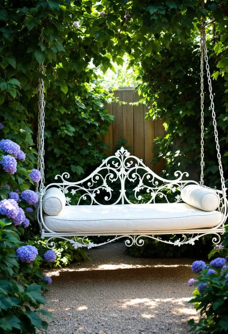 floating daybed swing surrounded by lush greenery 1