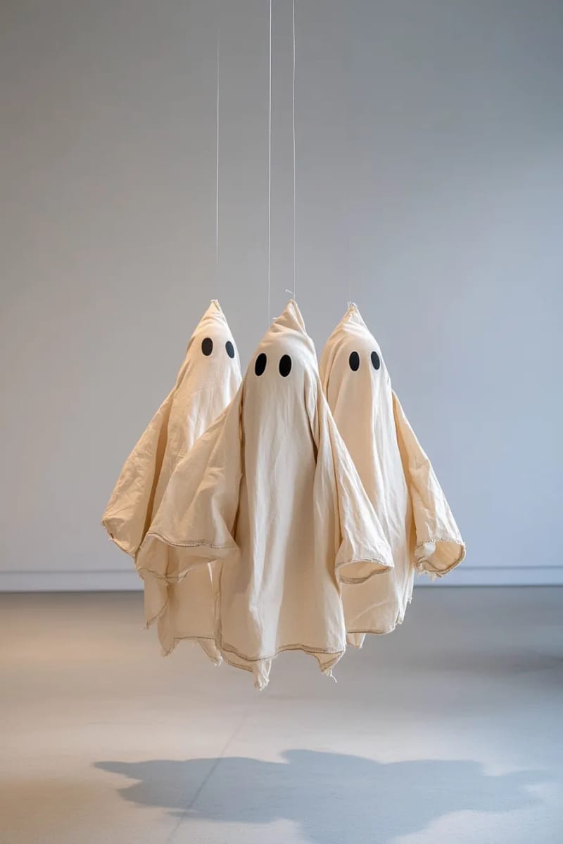 21 Simple Halloween Decorations for an Easy Seasonal Touch 6 floating ghost garland made from white fabric and black marker faces 1
