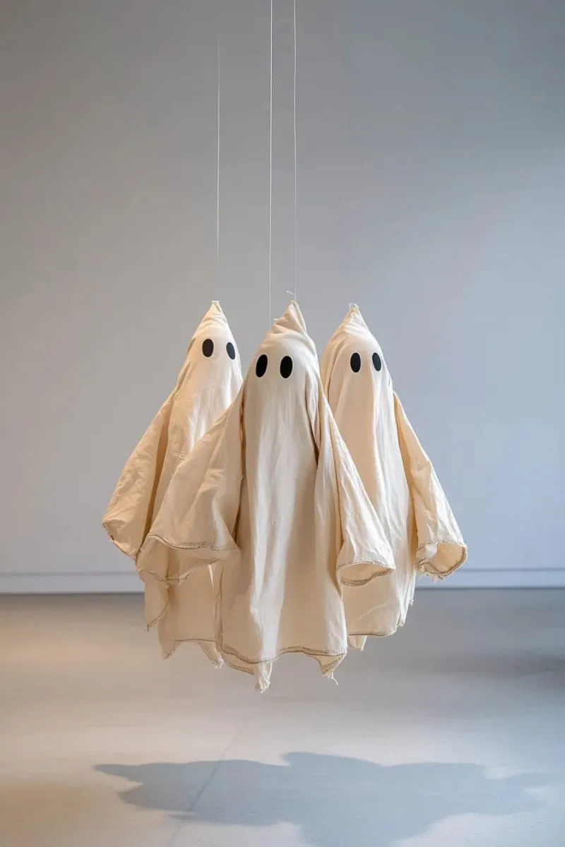 floating ghost garland made from white fabric and black marker faces 1