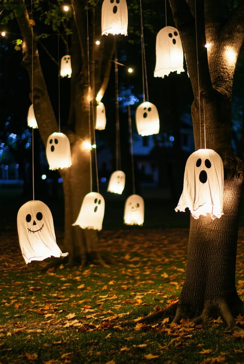 21 Unique Outdoor Halloween Decorations to Try This Year 6 floating ghost lanterns dangling from tree branches for eerie nighttime effects 1