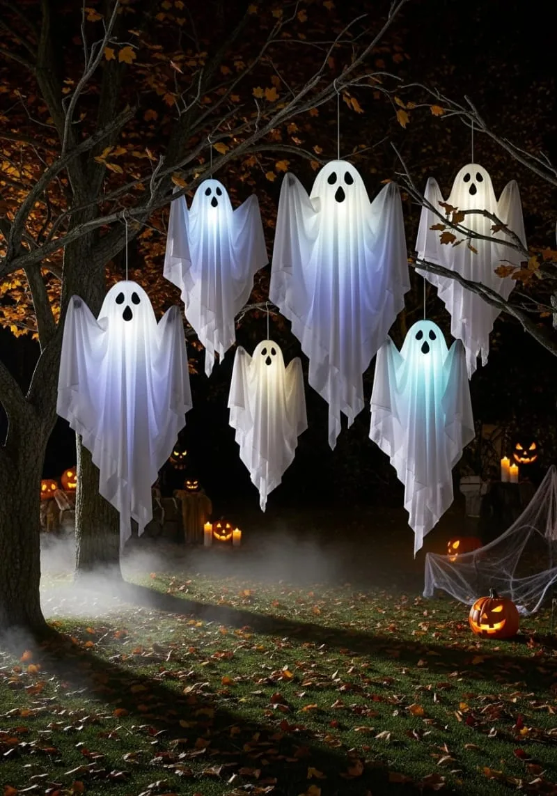 21 Unique Outdoor Halloween Decorations to Try This Year 9 floating ghost lanterns dangling from tree branches for eerie nighttime effects 1