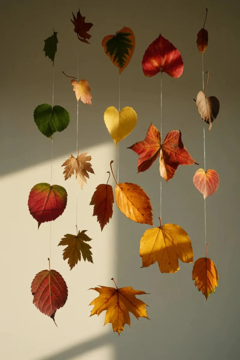 floating leaf art display using transparent fishing wire and real leaves 1
