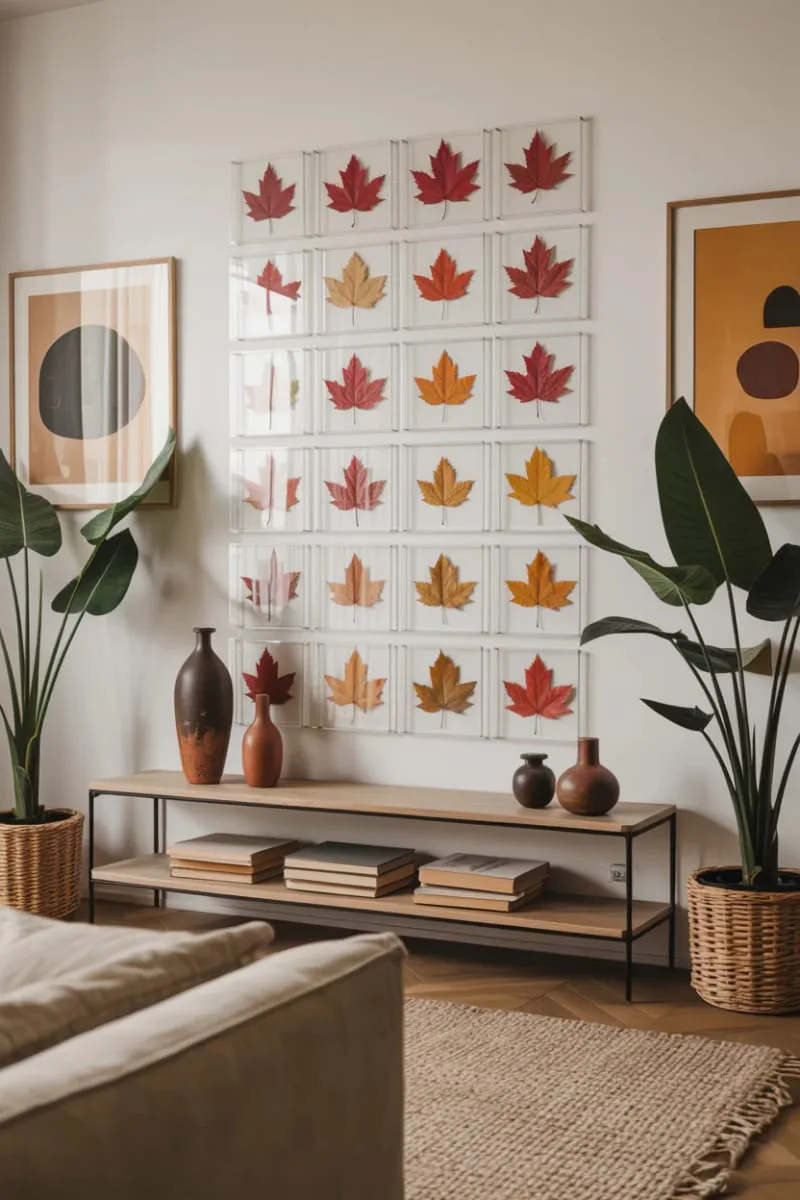 floating leaf art wall using real pressed autumn foliage 1