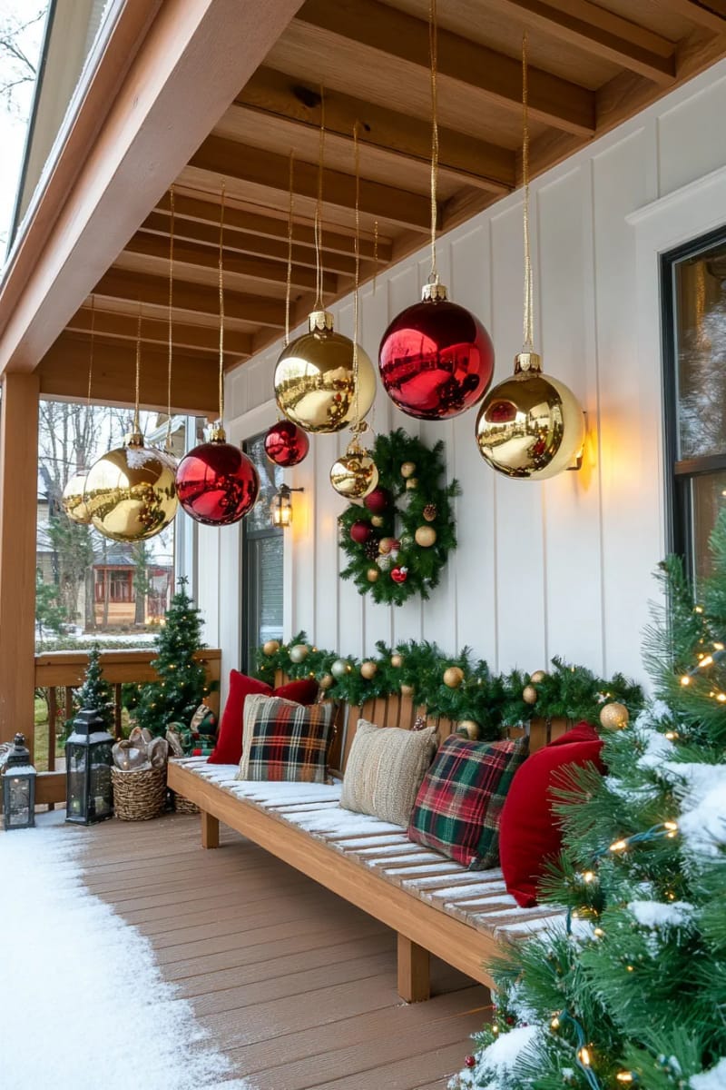 31 Outdoor Christmas Decorations: Ideas for a Magical Welcome 40 floating oversized ornaments hanging from porch beams 1