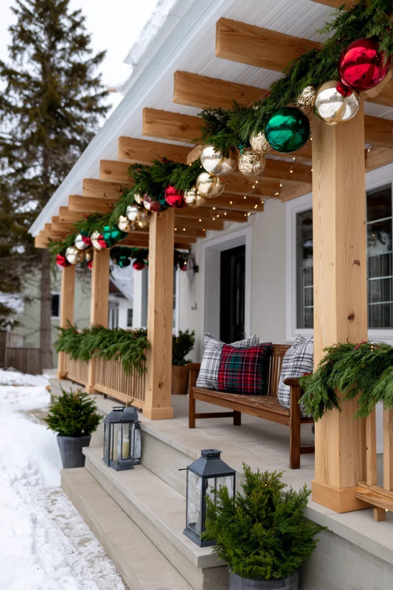 31 Outdoor Christmas Decorations: Ideas for a Magical Welcome 41 floating oversized ornaments hanging from porch beams 1