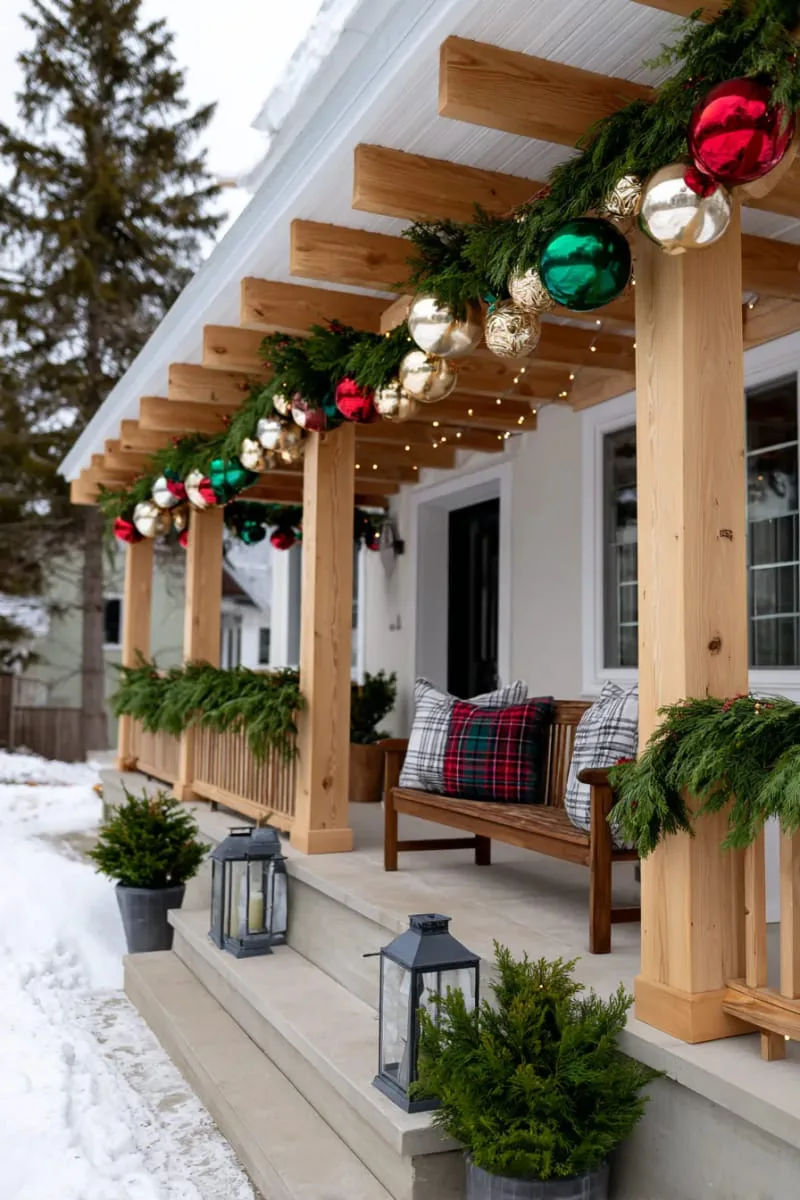 floating oversized ornaments hanging from porch beams 1