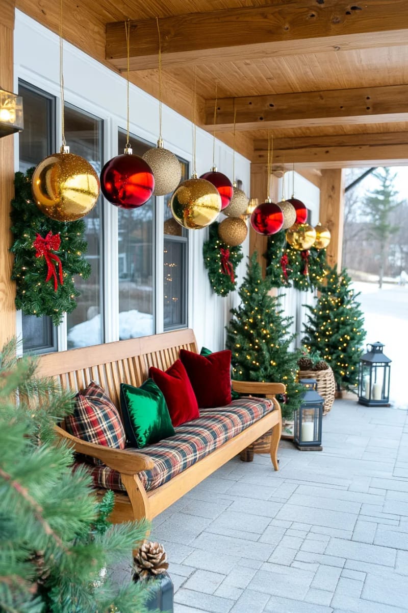 31 Outdoor Christmas Decorations: Ideas for a Magical Welcome 42 floating oversized ornaments hanging from porch beams 1