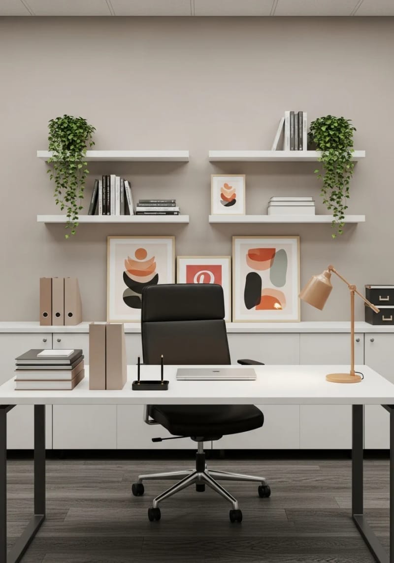 floating shelves styled with books, plants, and personal framed art 1