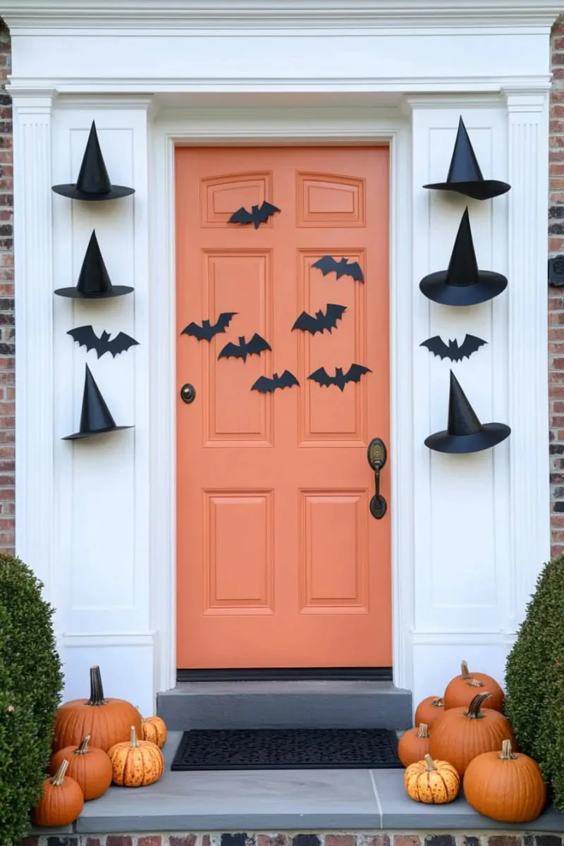 21 Creative Halloween Door Decorations: Ideas for a Festive Welcome 28 floating witch hats and bats swirling above the doorframe 1