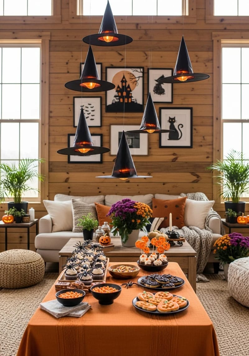 floating witch hats glowing with hidden led lights above the snack table 1