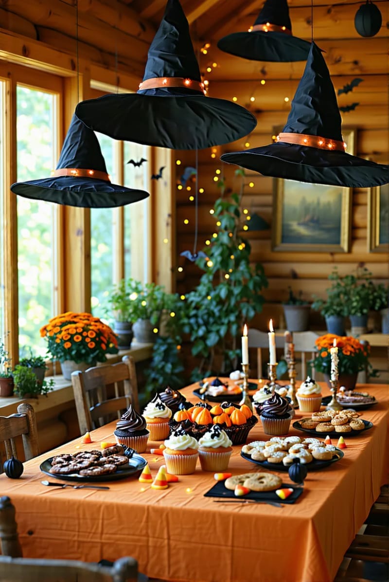 floating witch hats glowing with hidden led lights above the snack table 1