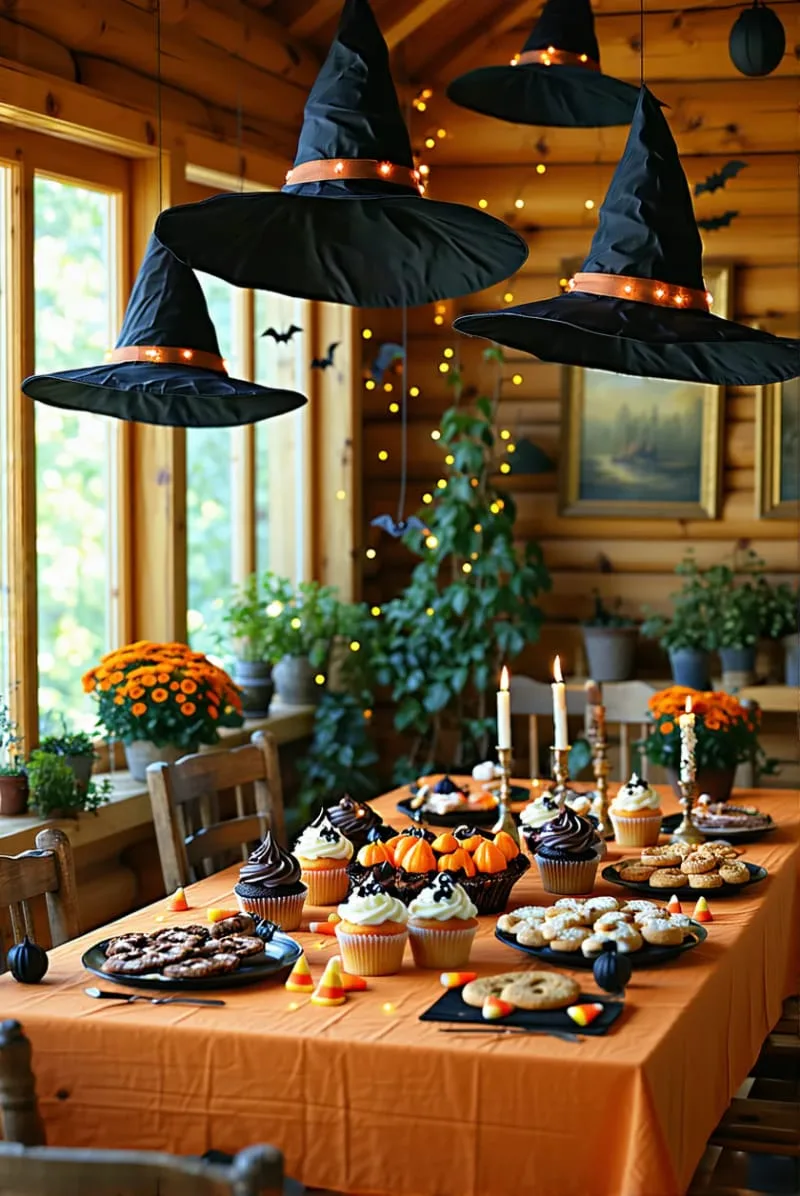 floating witch hats glowing with hidden led lights above the snack table 1
