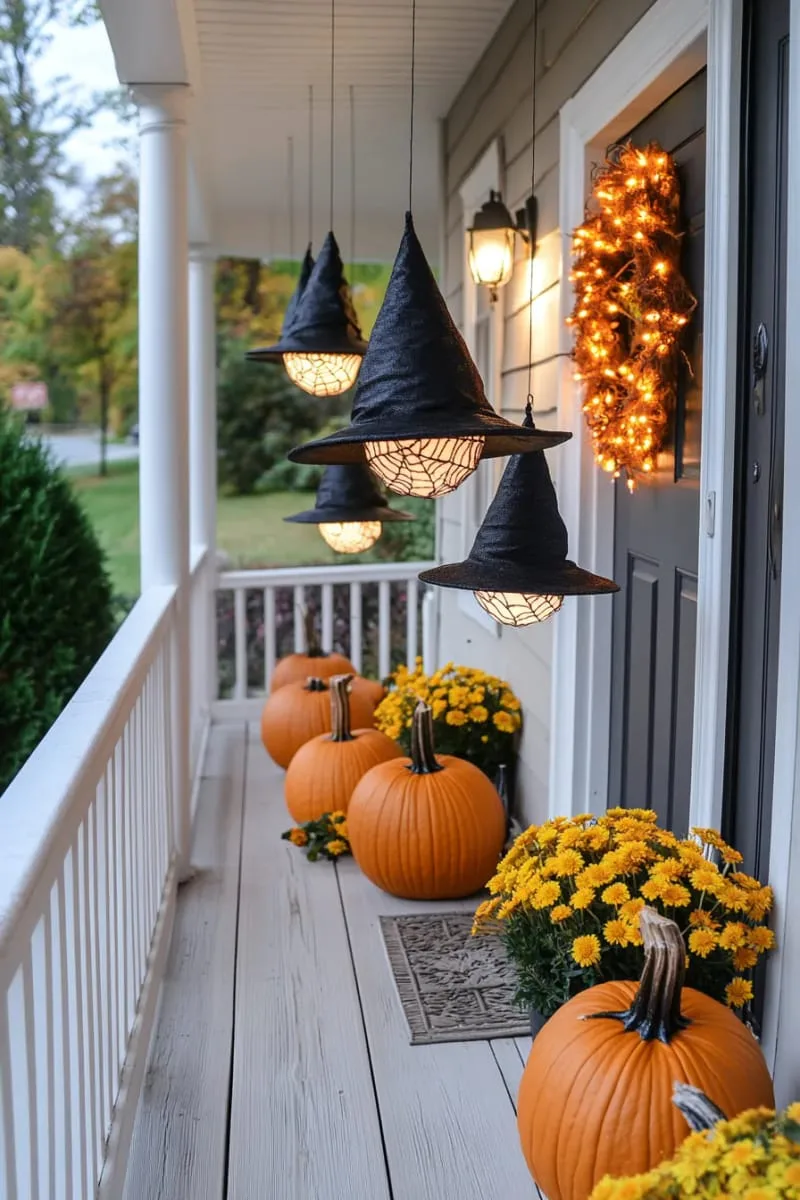 21 Halloween Porch Decorations: Ideas For A Unique Festive Entryway 2 floating witch hats illuminated with battery-powered string lights 1