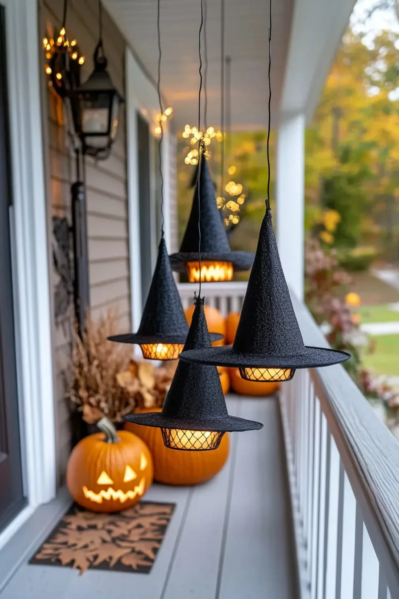 21 Halloween Porch Decorations: Ideas For A Unique Festive Entryway 5 floating witch hats illuminated with battery-powered string lights 1