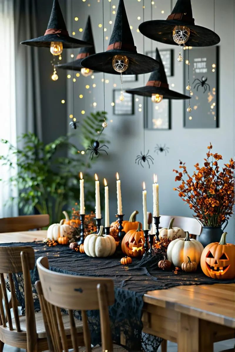 floating witch hats with hidden led lights above the dining table 1