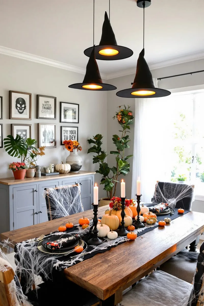 floating witch hats with hidden led lights above the dining table 1