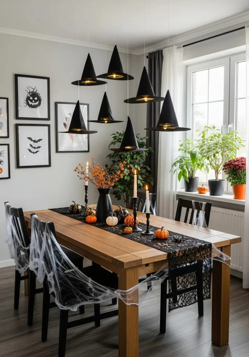 floating witch hats with hidden led lights above the dining table 1