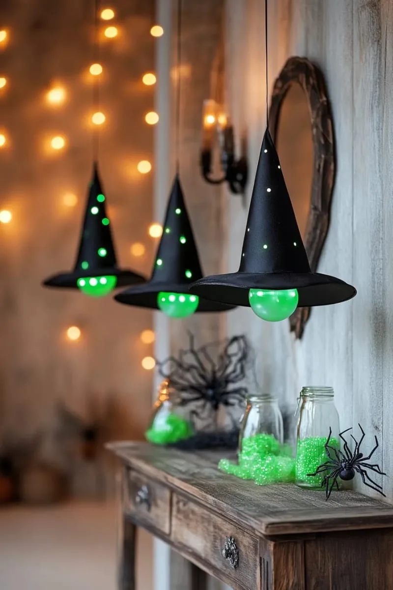 floating witch hats with hidden string and eerie green underlighting 1