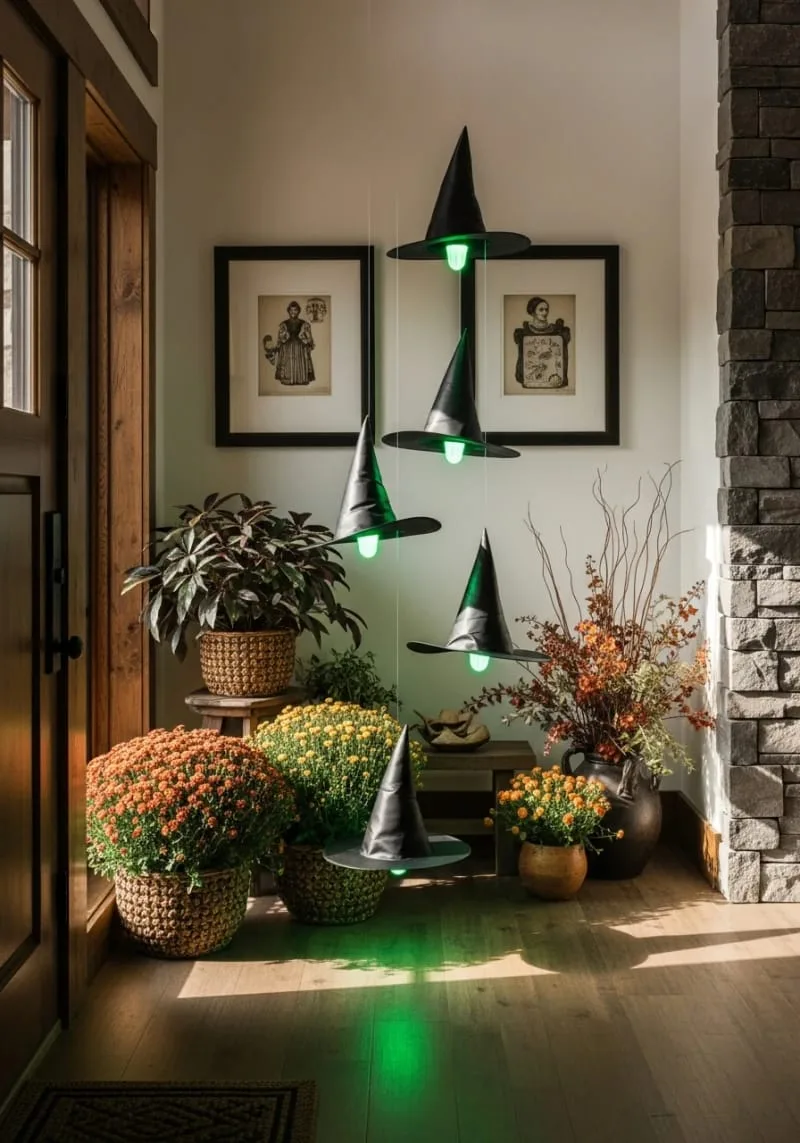 floating witch hats with hidden string and eerie green underlighting 1