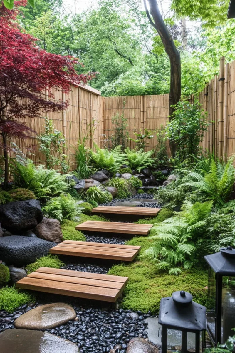 27 New Small Backyard Designs to Copy For Your Outdoor Space 36 floating wooden steps above a pebble riverbed 1