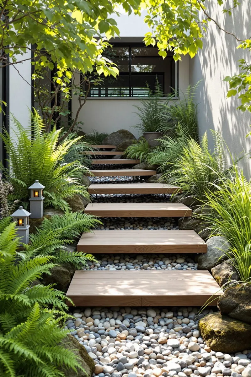 27 New Small Backyard Designs to Copy For Your Outdoor Space 37 floating wooden steps above a pebble riverbed 1