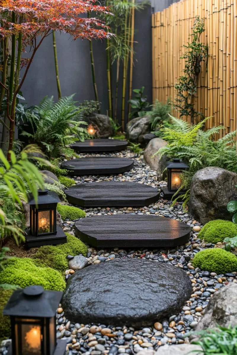 27 New Small Backyard Designs to Copy For Your Outdoor Space 38 floating wooden steps above a pebble riverbed 1