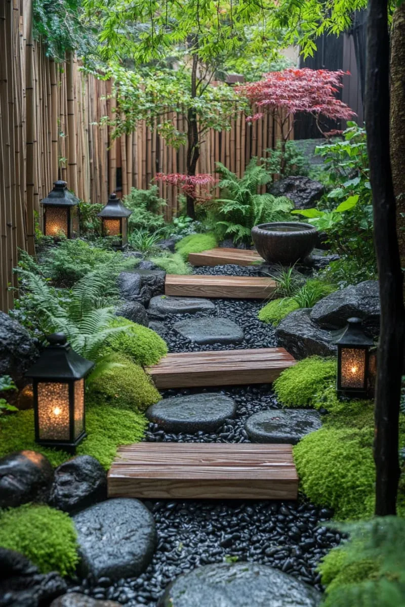 27 New Small Backyard Designs to Copy For Your Outdoor Space 39 floating wooden steps above a pebble riverbed 1