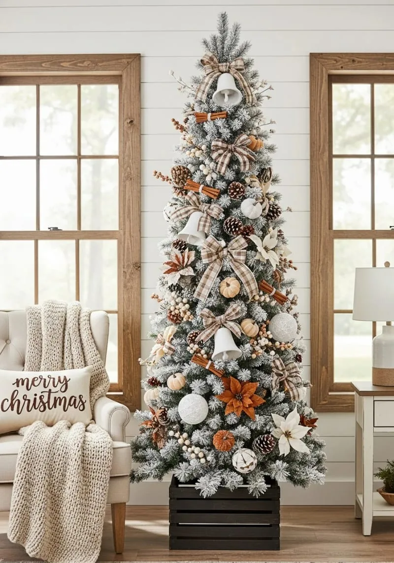 flocked tree with cinnamon sticks, pinecones, and mini pumpkins 1