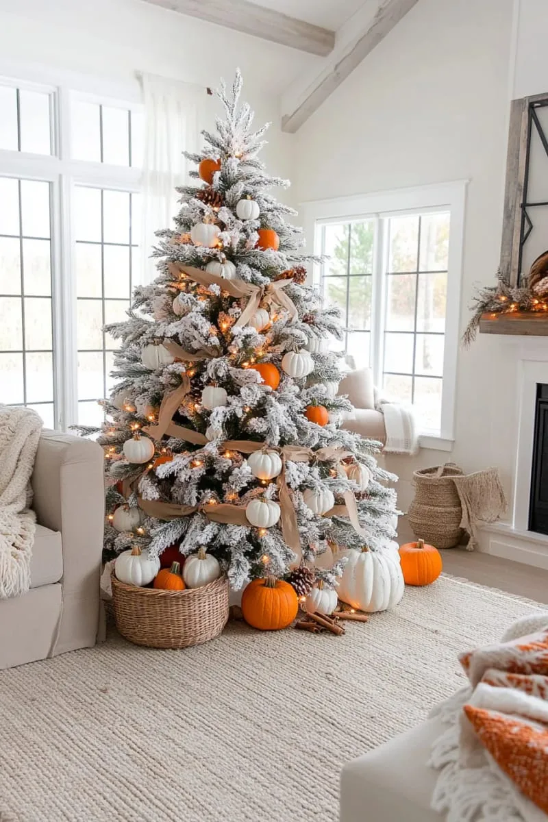flocked tree with cinnamon sticks, pinecones, and mini pumpkins 1