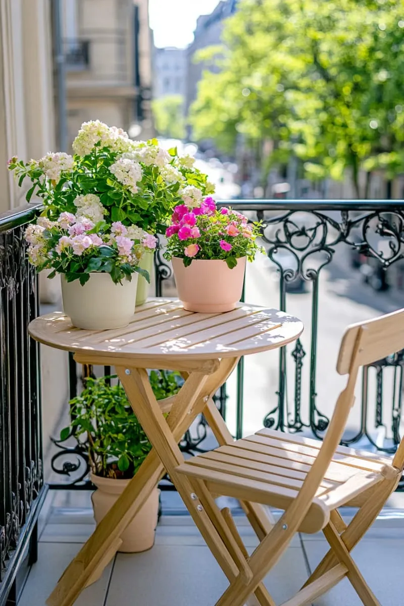 foldable bistro table with pastel flower pots 1