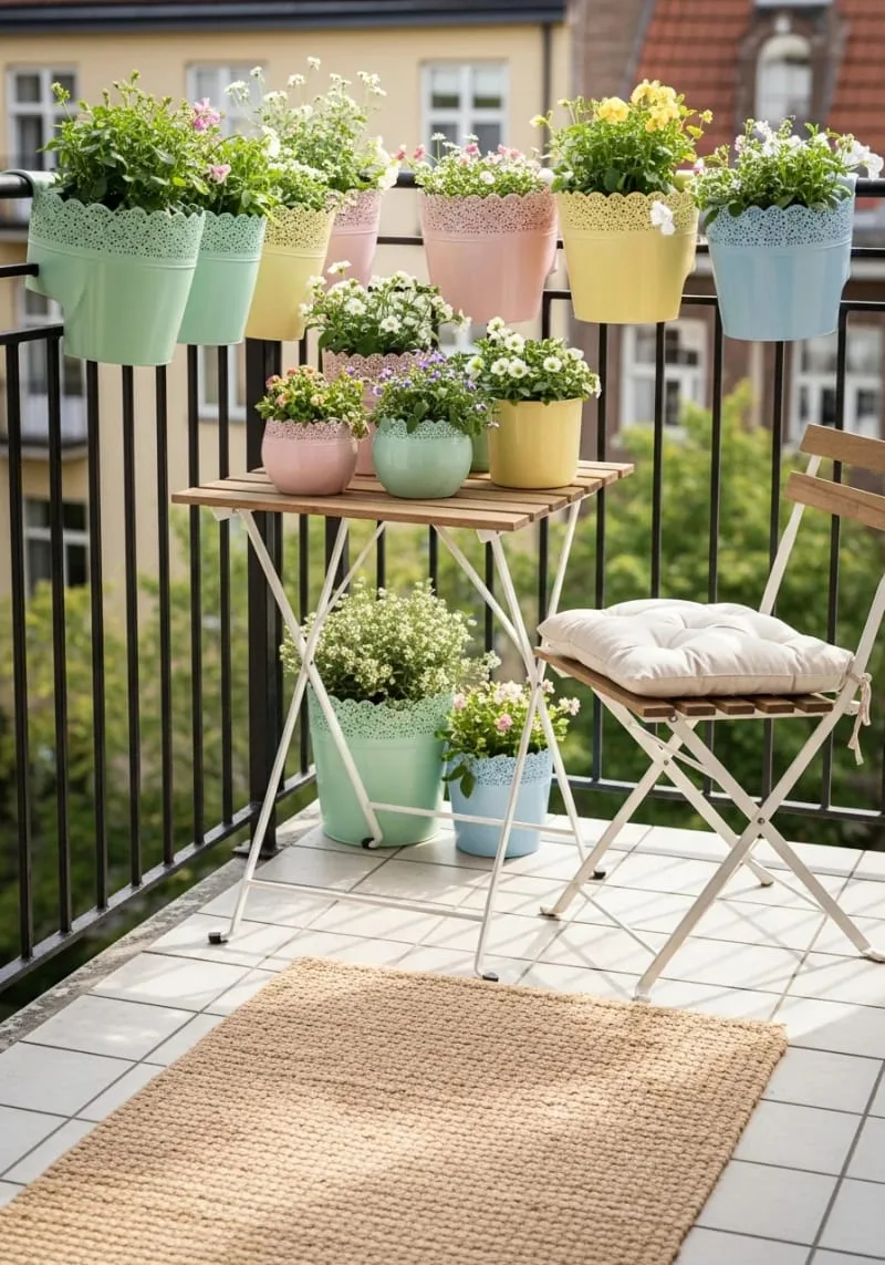 foldable bistro table with pastel flower pots 1