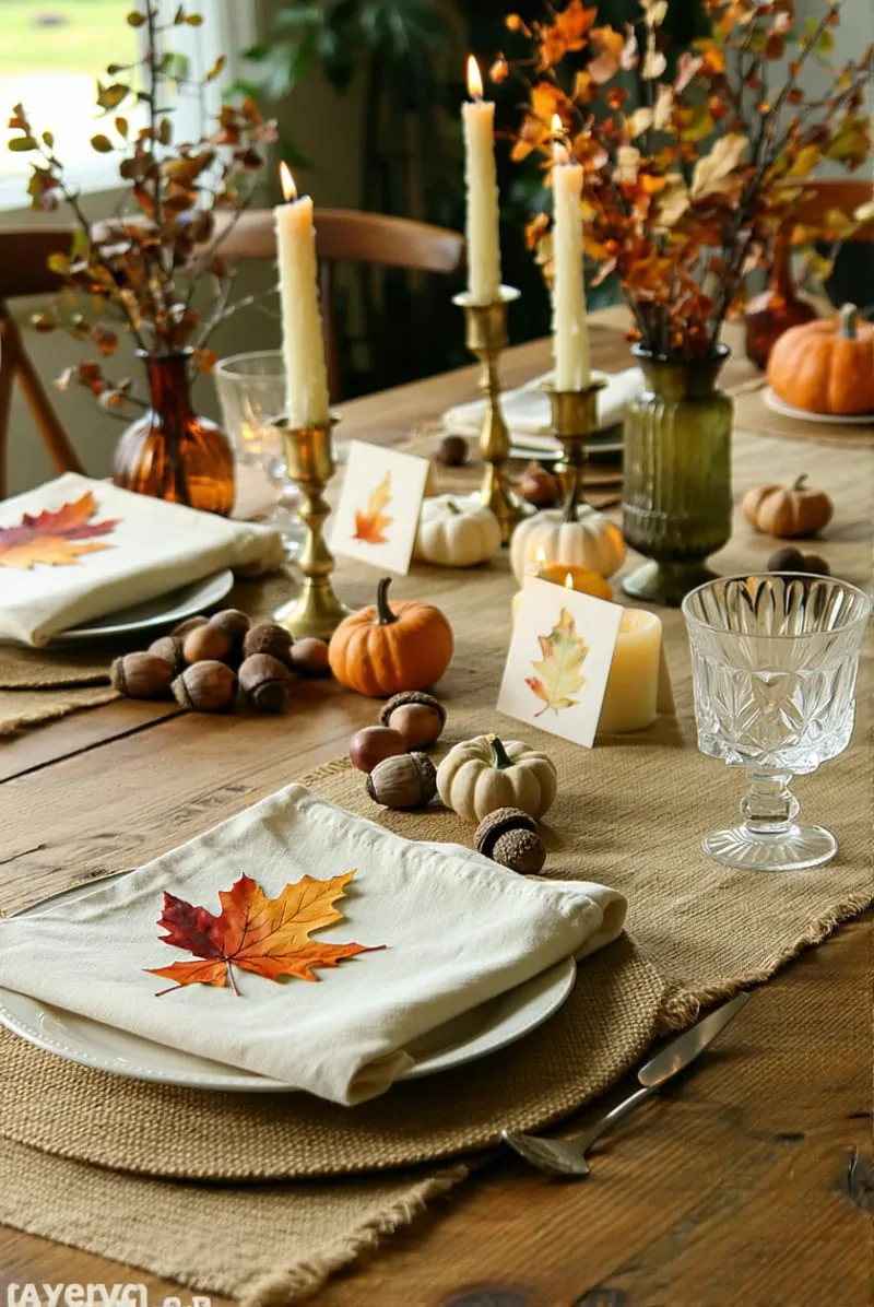 folded linen napkins with hand-painted leaf place cards 1 folded linen napkins with hand-painted leaf place cards 1