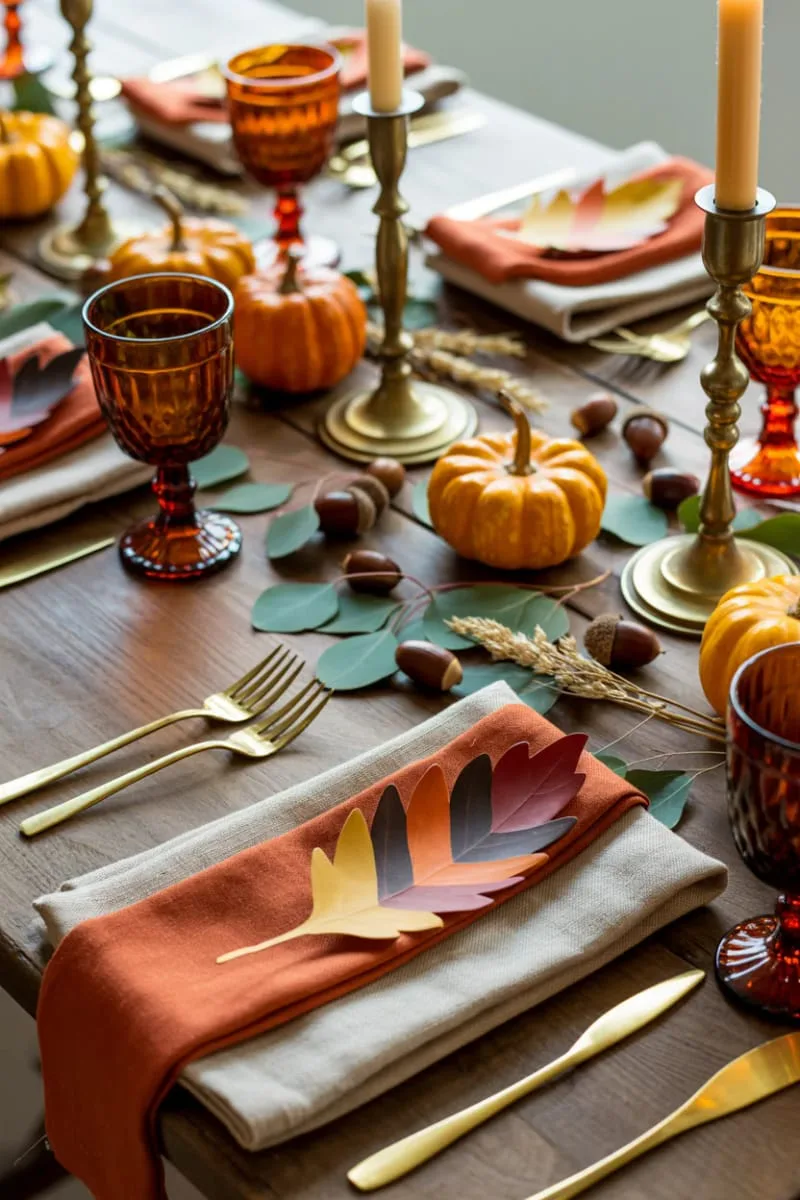folded linen napkins with hand-painted leaf place cards 1 folded linen napkins with hand-painted leaf place cards 1