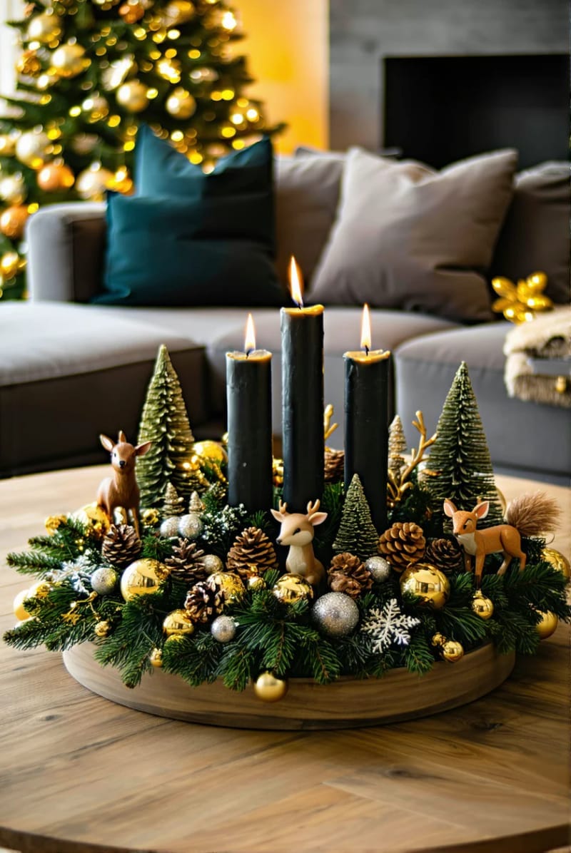 forest animal figurines and mini bottle brush trees with candle clusters 1