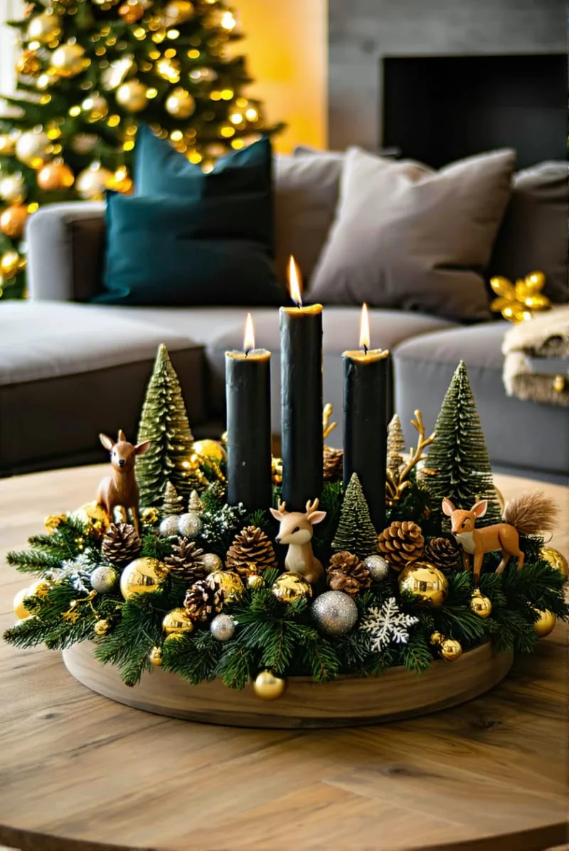 31 Trendy Christmas Decor Ideas for a Magical Home 13 forest animal figurines and mini bottle brush trees with candle clusters 1