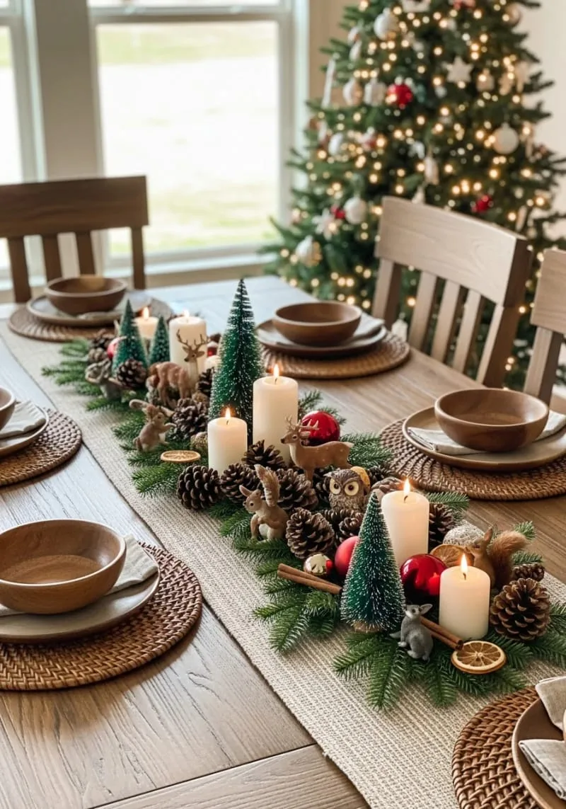 31 Trendy Christmas Decor Ideas for a Magical Home 14 forest animal figurines and mini bottle brush trees with candle clusters 1